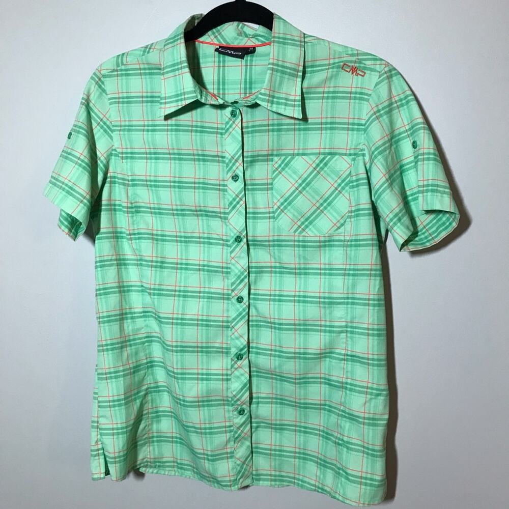 Cmp Dry Function Short Sleeve Button Up Green Pla… - image 1